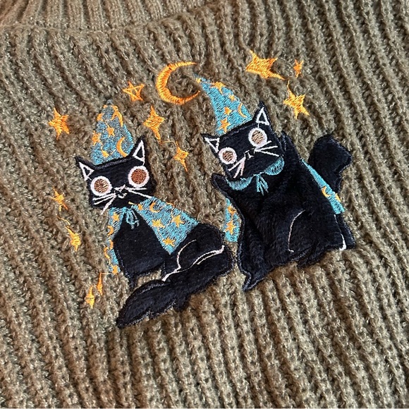 Green Witch Wizard Cats Moon and Stars Crop Turtleneck Sweater - Picture 5 of 8